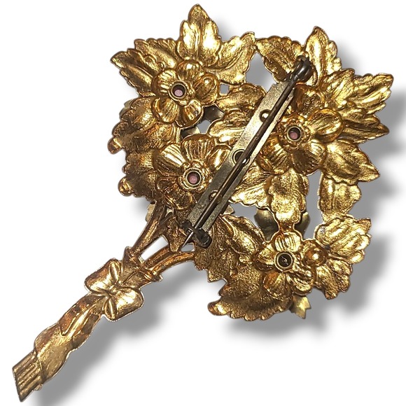 Vintage Gold Tone Floral Bouquet Brooch Pink Cabochon Rhinestone Pin Mid Century - Picture 3 of 4